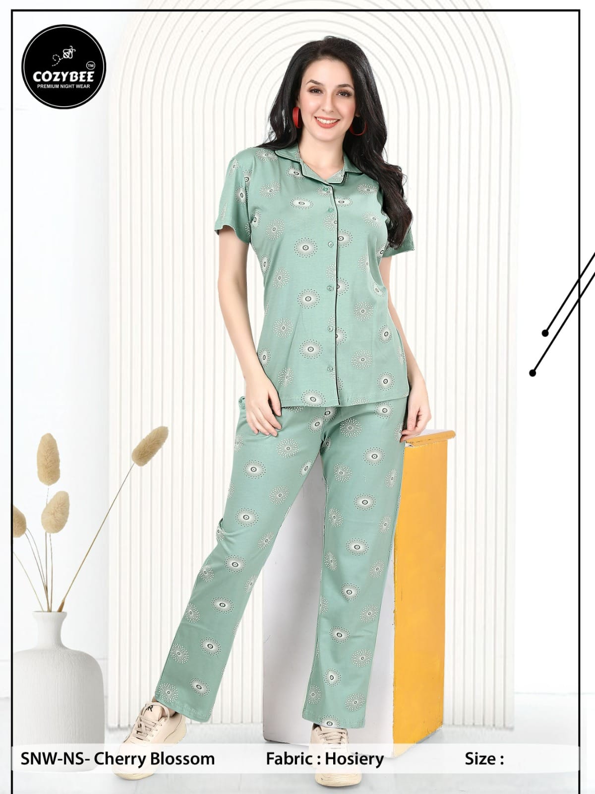 Cherry Blossom Cozybee Biowash Collar Night Suits Wholesaler Gujarat