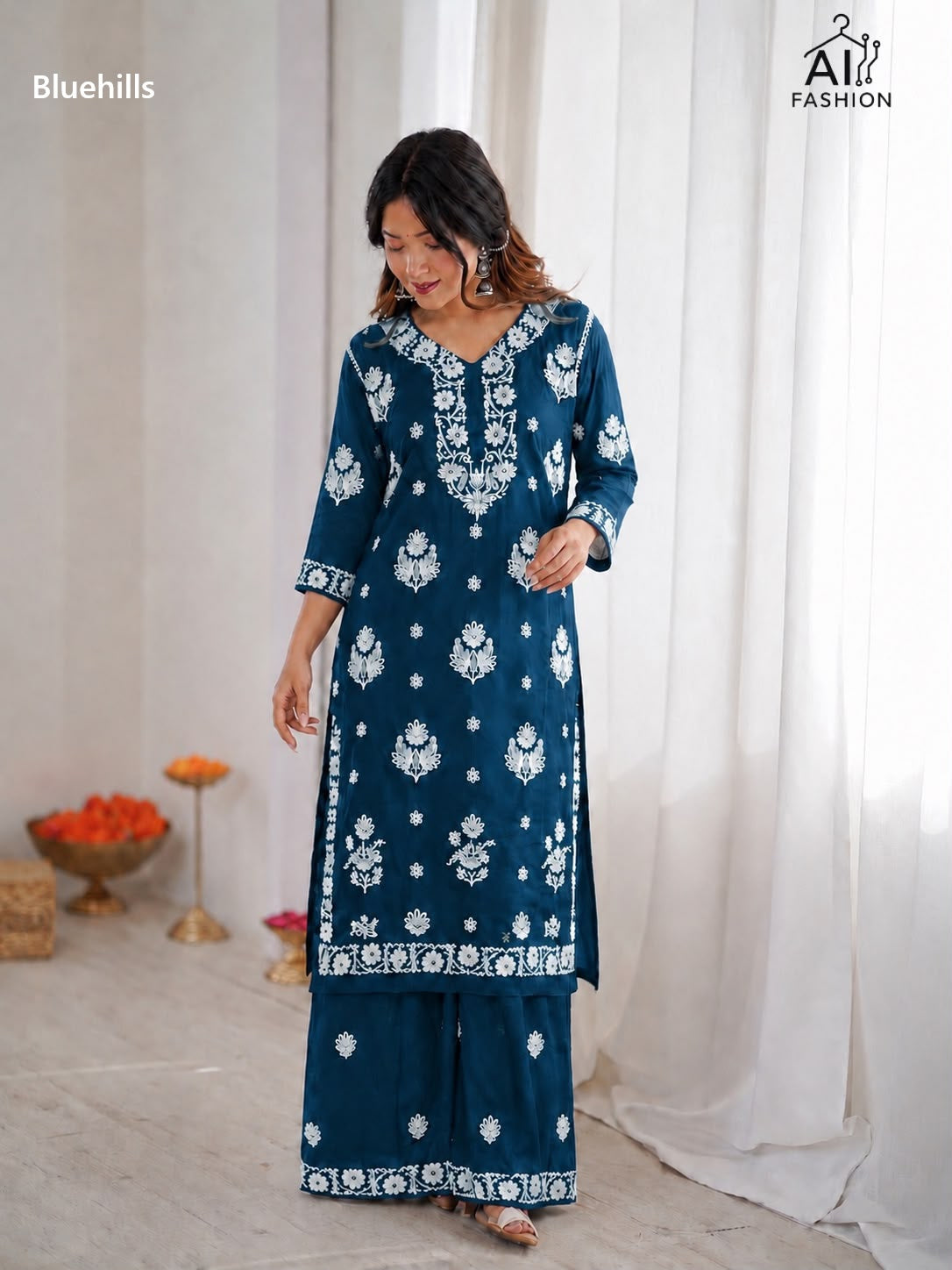 Chikankari Bluehills Rayon Kurti Plazzo Set Wholesale Price