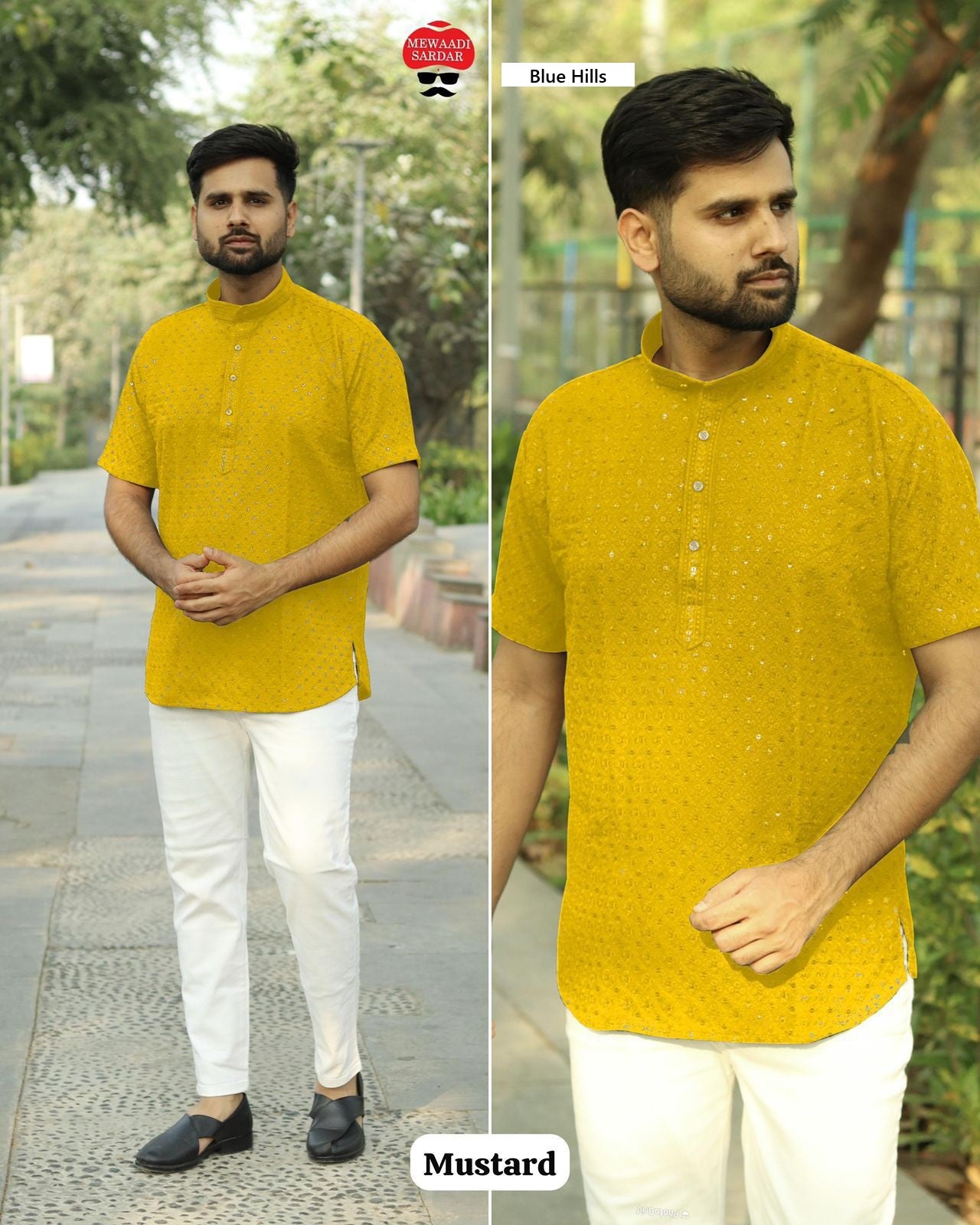 Chikankari Short Blue Hills Rayon Mens Kurta Wholesale Rate