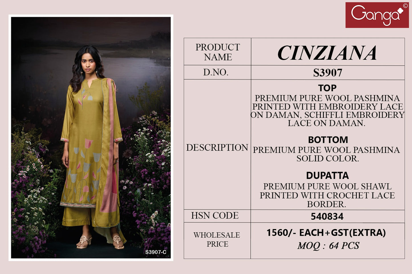 Cinziana 3907 Ganga Wool Pashmina Suits Wholesale