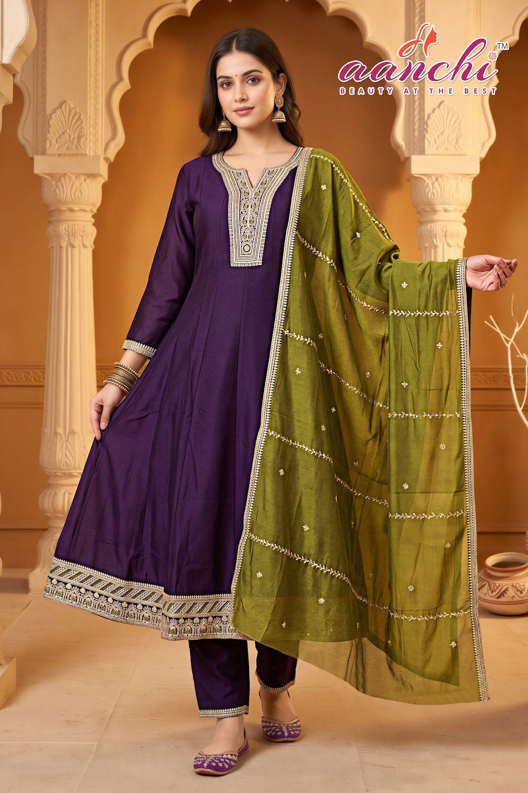 Coconut Aanchi Vichitra Silk Readymade Anarkali Suits Supplier