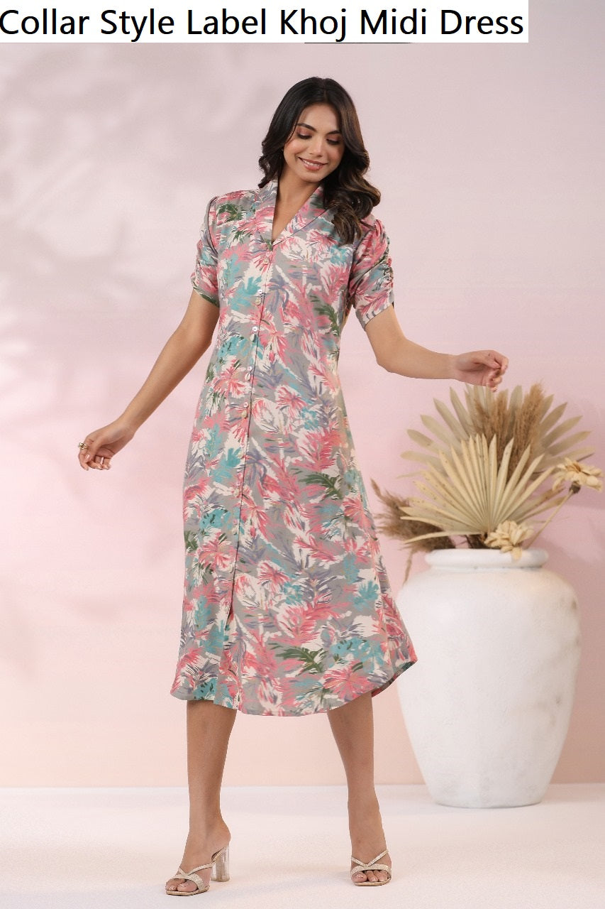 Collar Style Label Khoj Rayon Viscose Midi Dress Wholesaler India