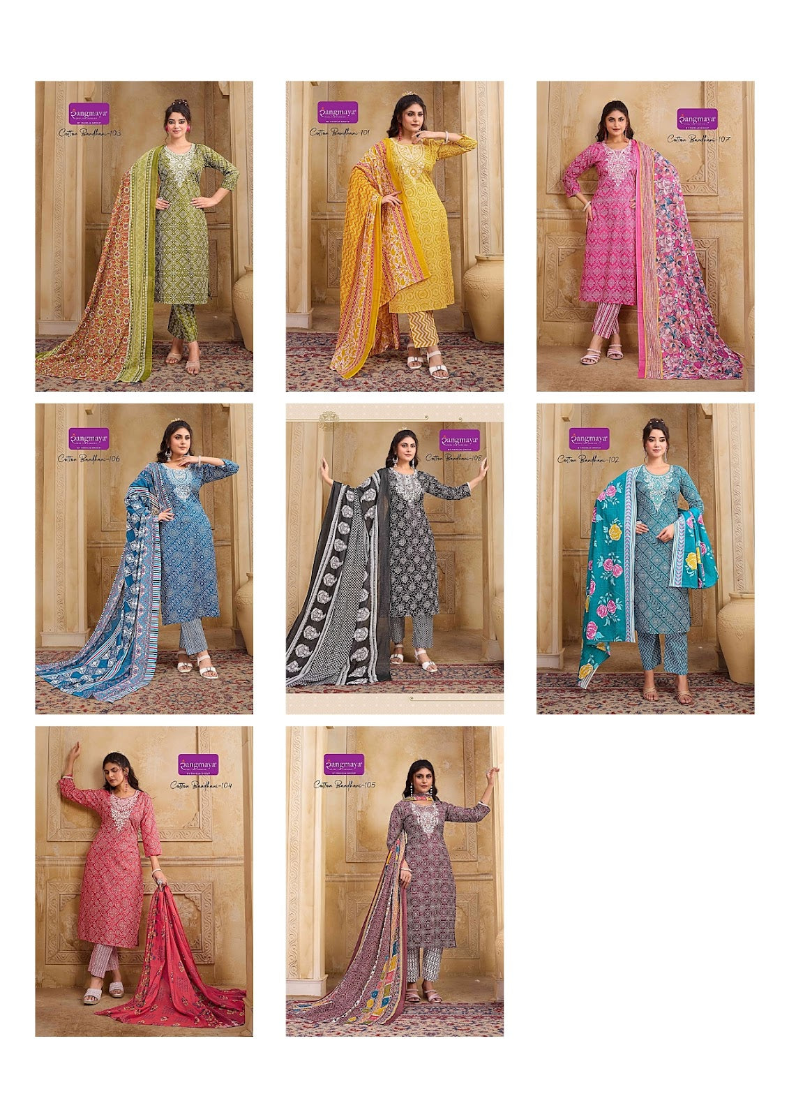 Cotton Bandhani Rangmaya Readymade Pant Style Suits Exporter India