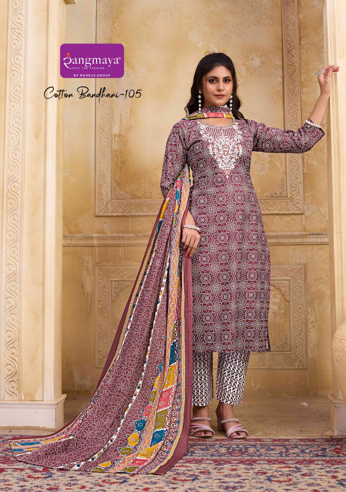 Cotton Bandhani Rangmaya Readymade Pant Style Suits Exporter India