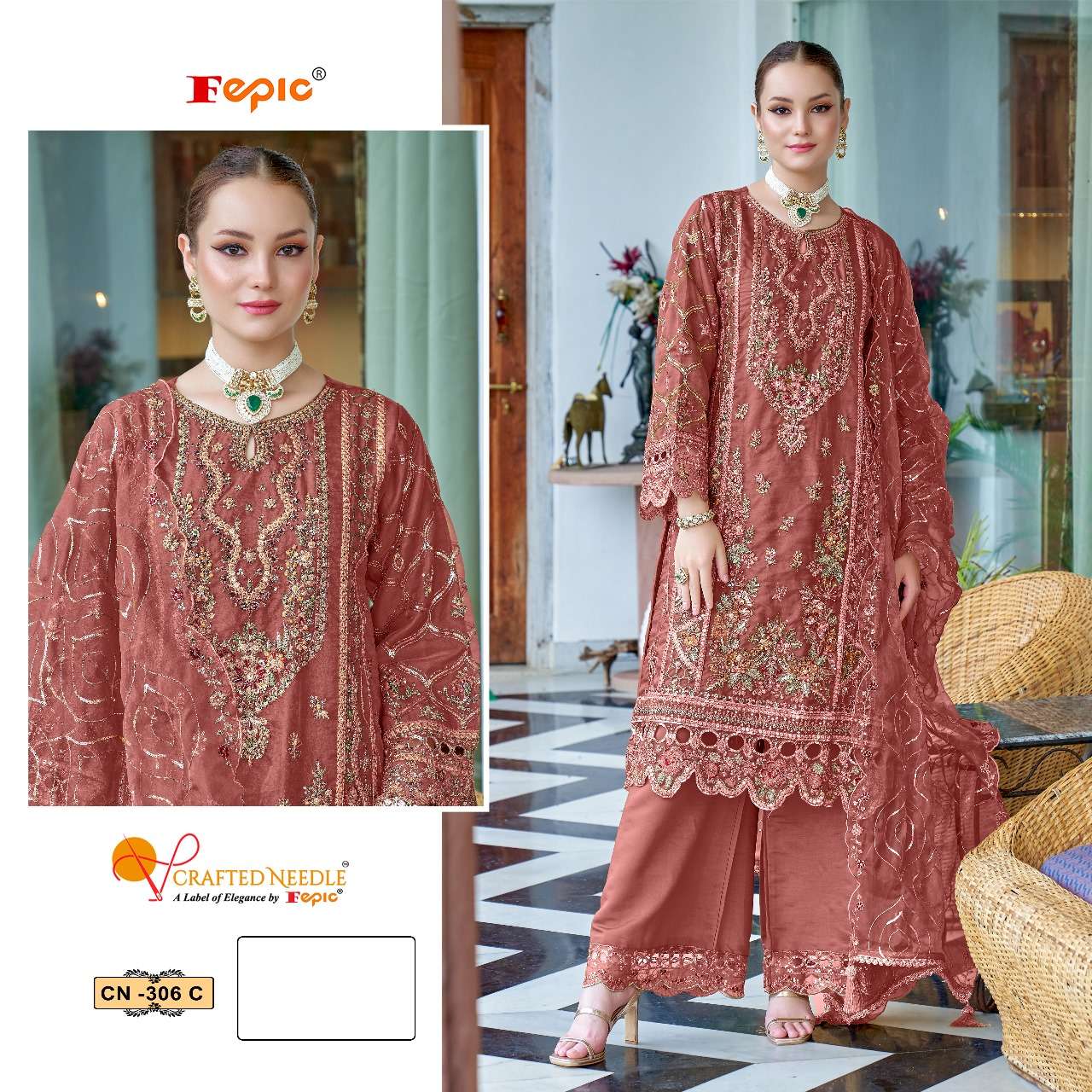 Crafted Needle Cn 306 Fepic Organza Pakistani Readymade Suits Wholesaler Gujarat