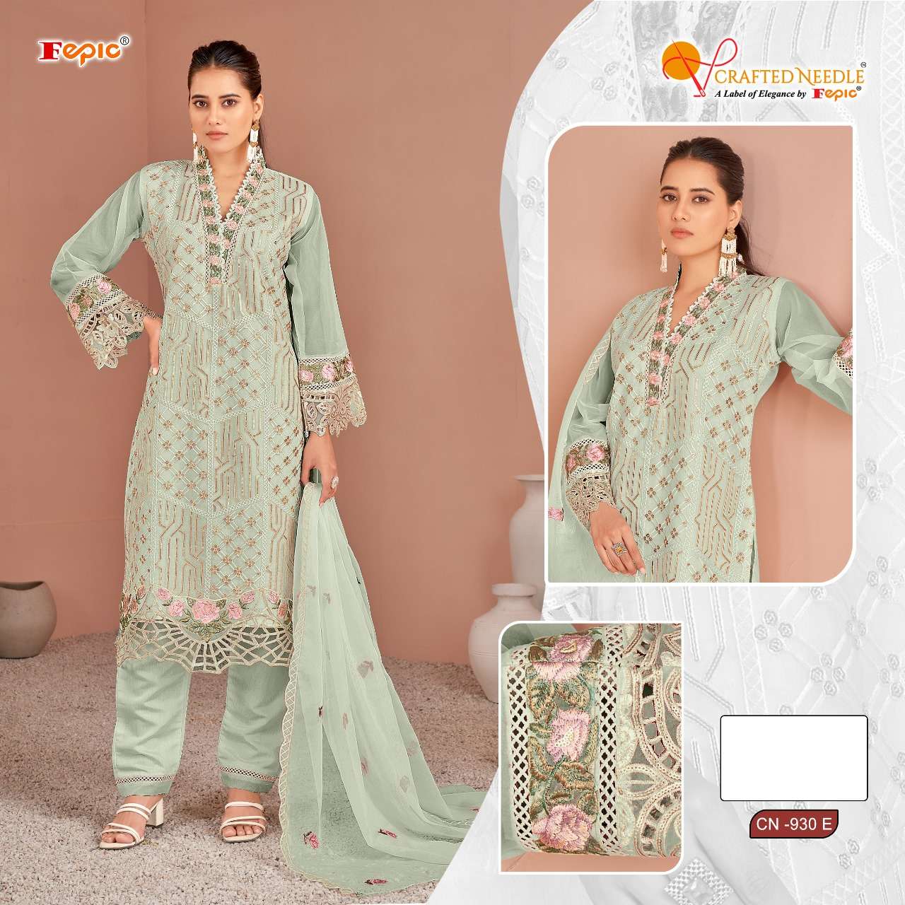 क्राफ्टेड नीडल सीएन 930 बीडीईएफ फेपिक ऑर्गेंजा पाकिस्तानी रेडीमेड सूट निर्माता अहमदाबाद