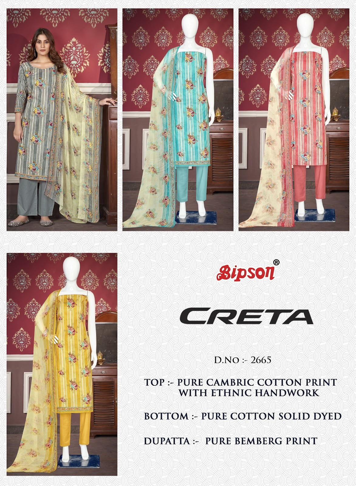 Creta 2665 Bipson Prints Cambric Cotton Pant Style Suits Supplier Gujarat
