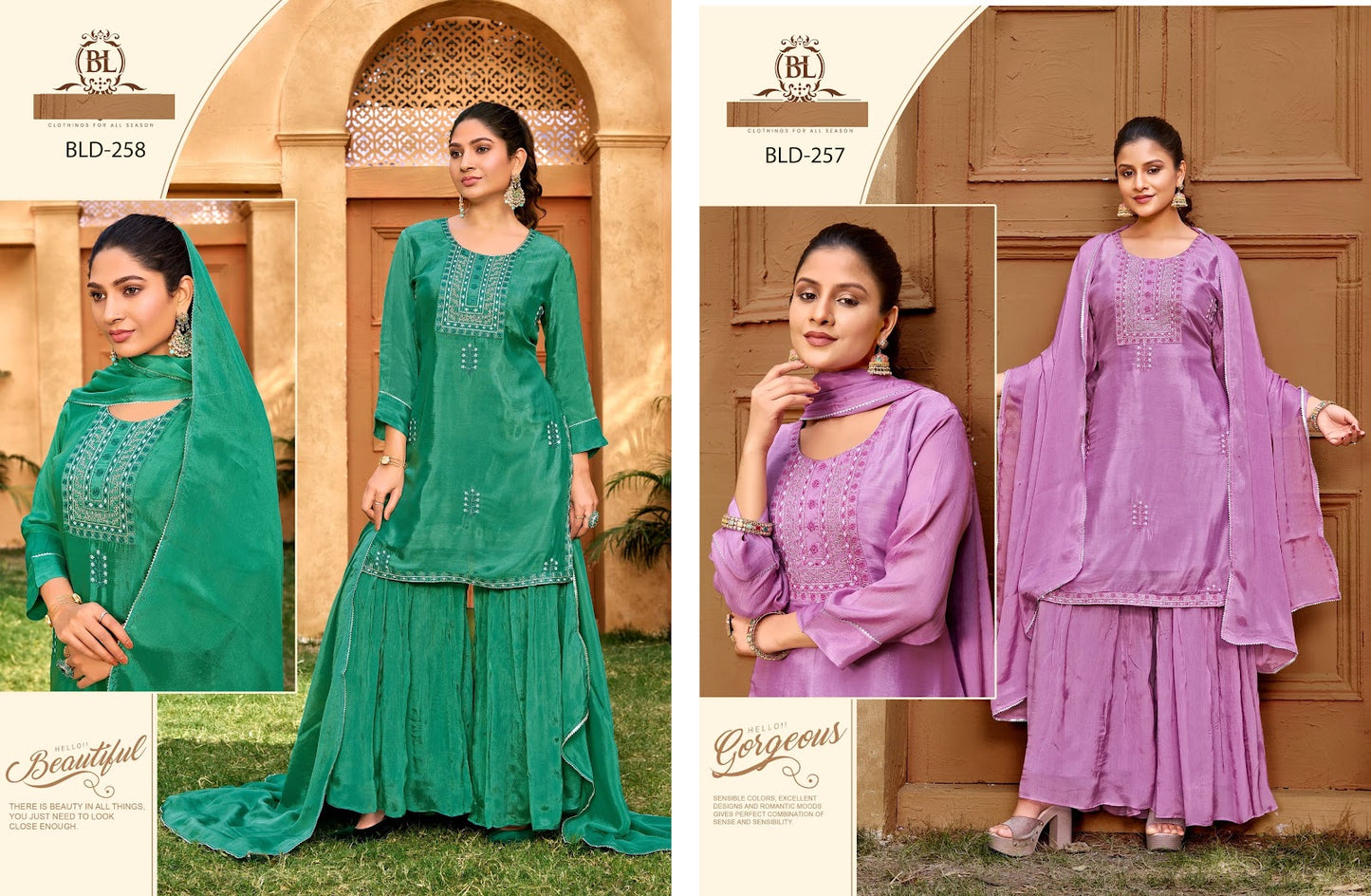 D 257-258 Palashi Bl Chinon Readymade Sharara Suits Wholesaler Gujarat