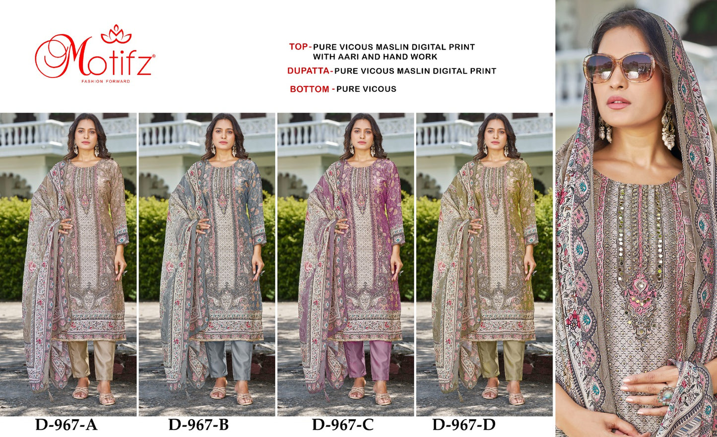 D 967 Motifz Viscose Muslin Karachi Salwar Suits Manufacturer India