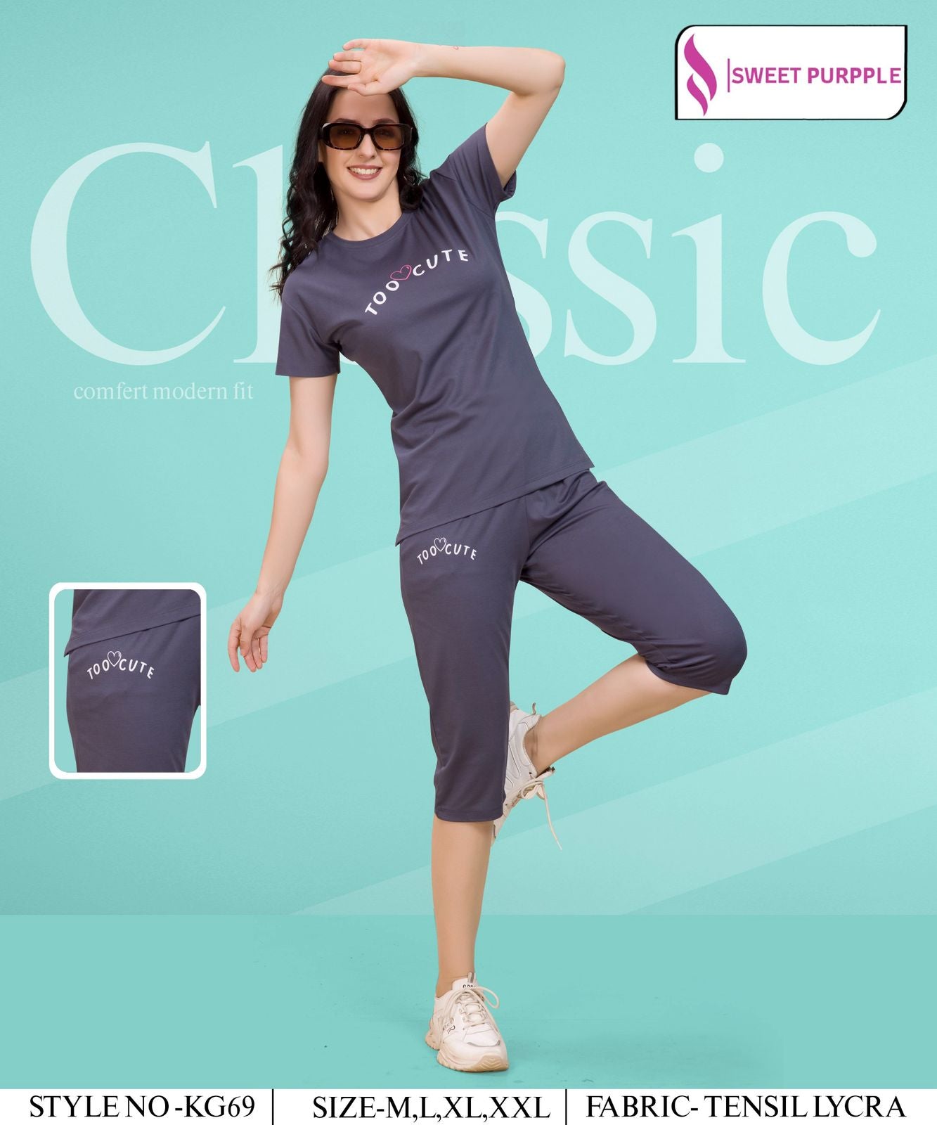 D No Kg69 Sweet Purple Tencil Lycra Capri Night Suits Manufacturer Gujarat