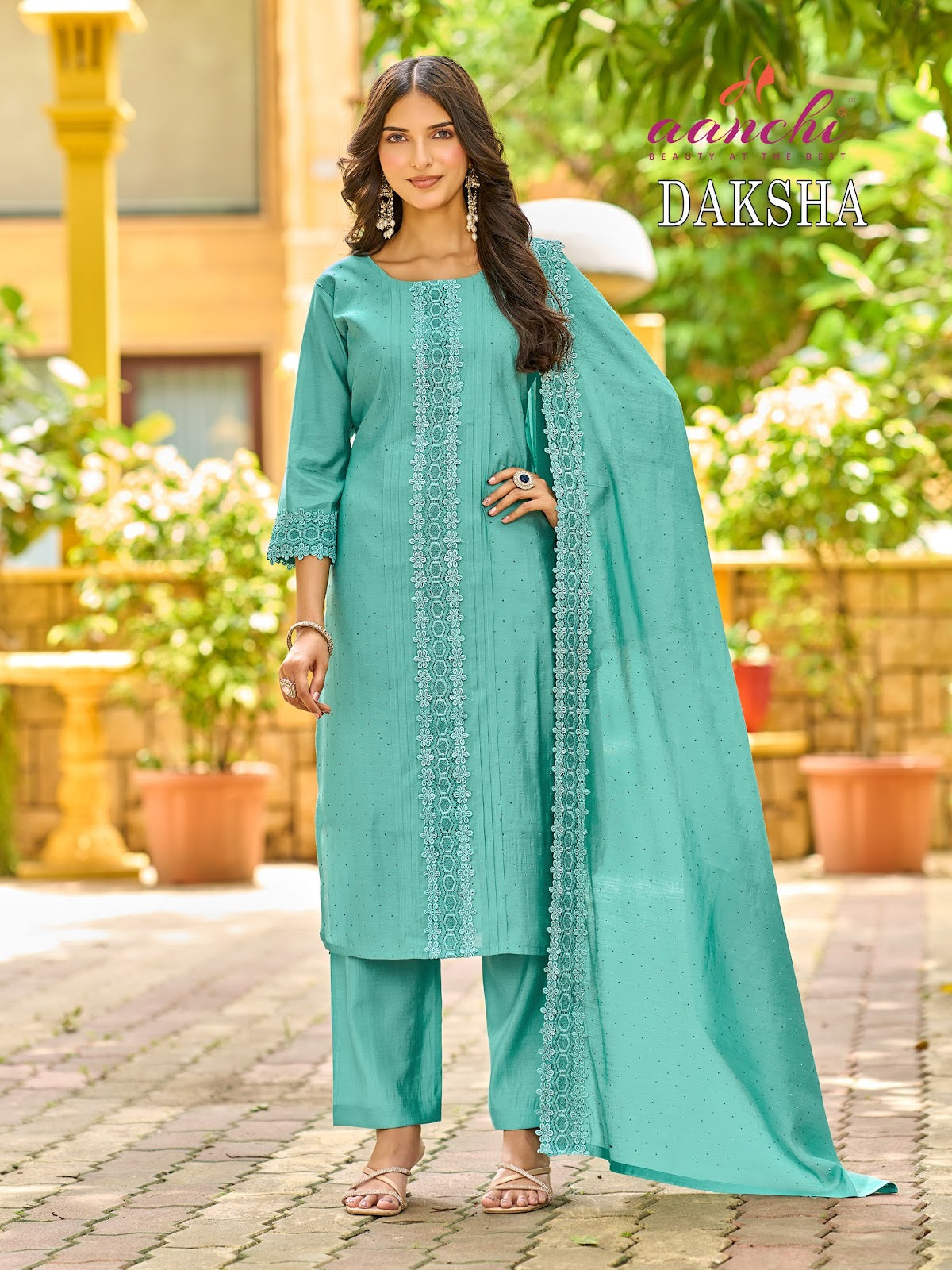 Daksha Aanchi Roman Silk Readymade Pant Style Suits Supplier India
