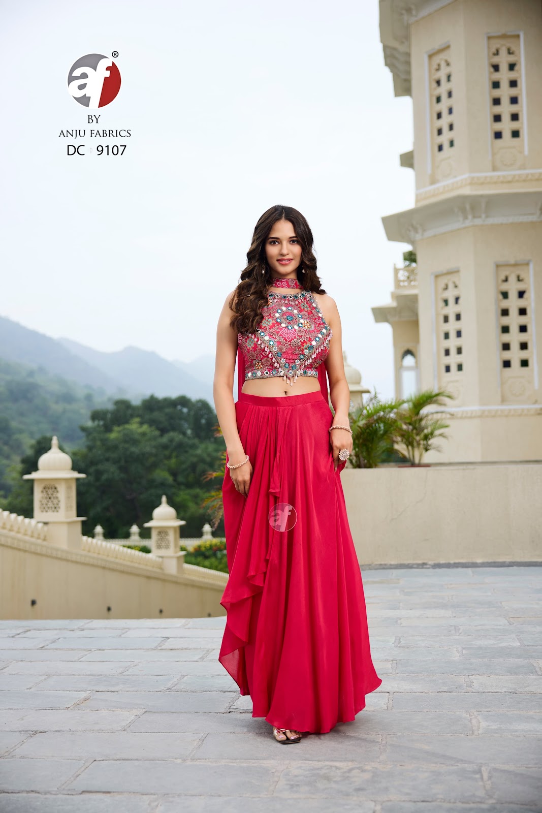 Dc 9107 With Dupatta Af Chinon Chiffon Crop Top Skirt Wholesale Price