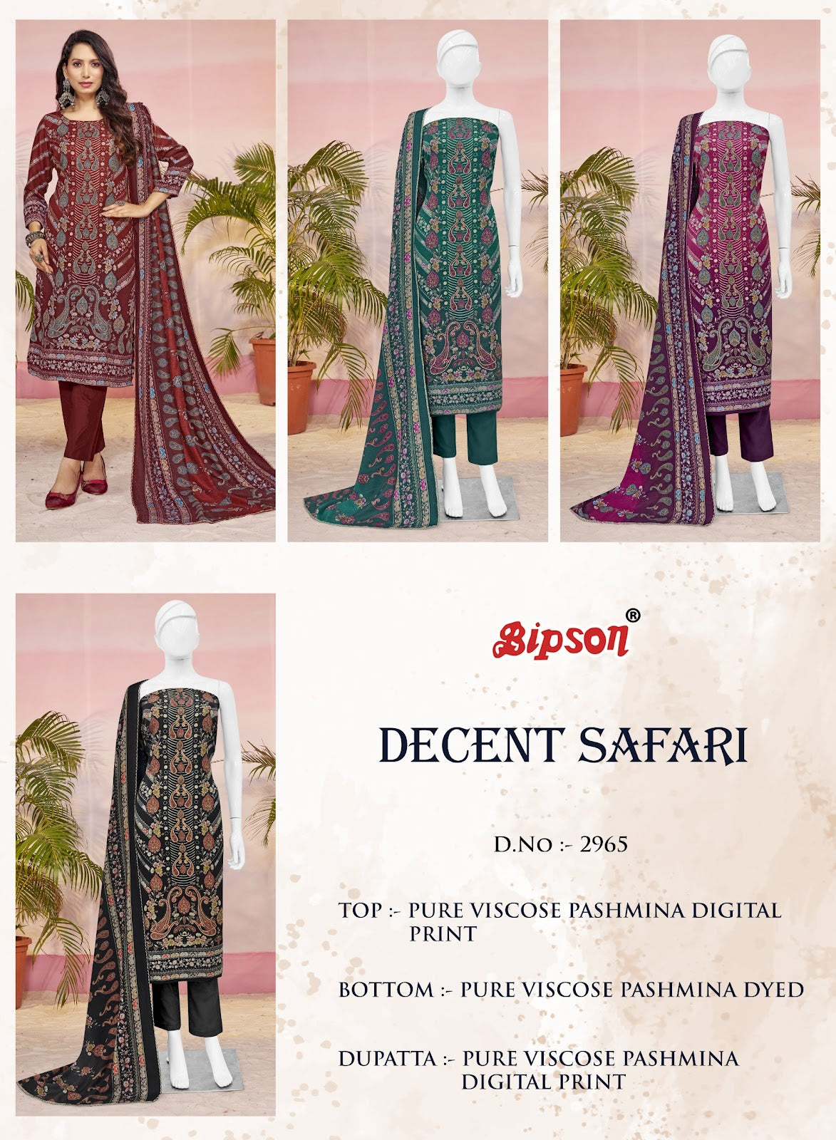Decent Safari 2965 Bipson Prints Pure Viscose Pashmina Suits Exporter India