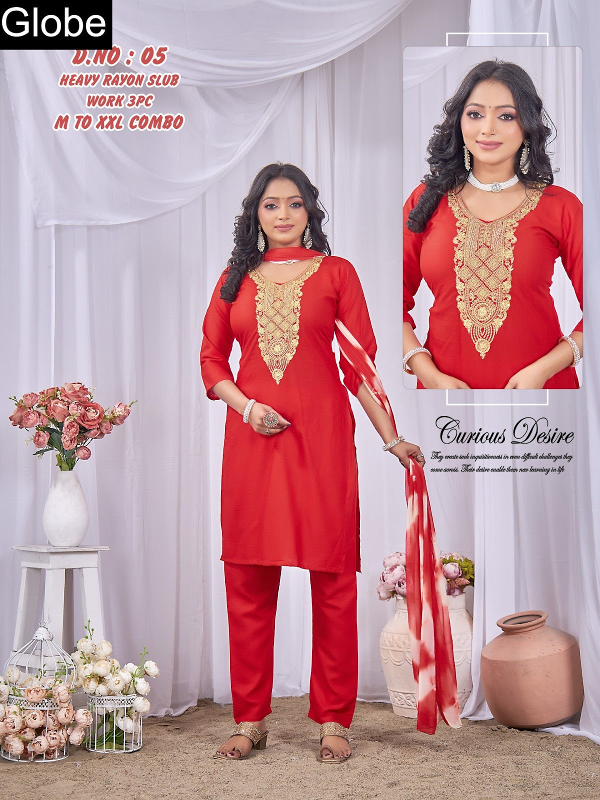 Design 01 To 07 Globe Rayon Slub Readymade Pant Style Suits Wholesaler Gujarat