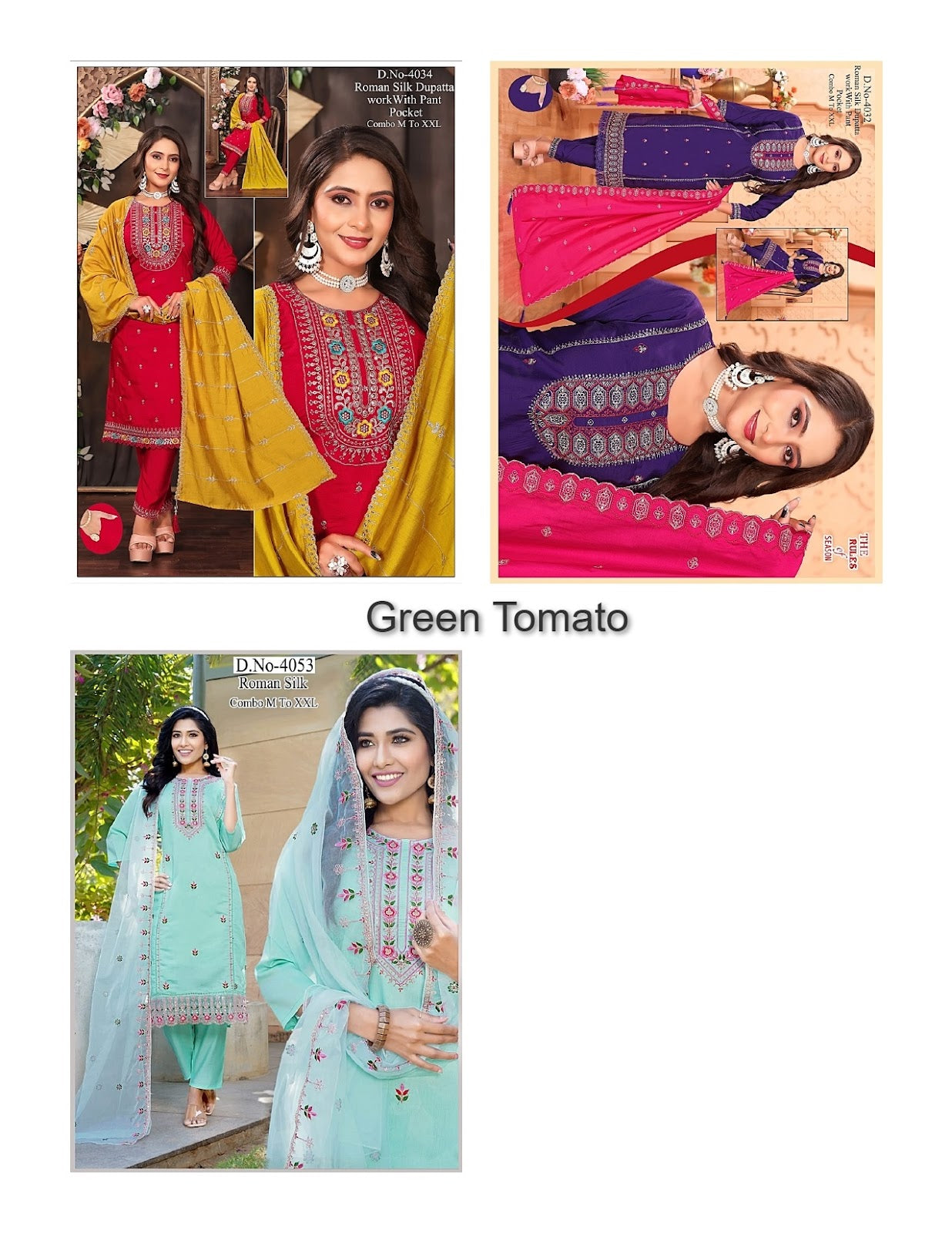 Design 080825 Green Tomato Roman Silk Readymade Pant Style Suits Wholesale Price