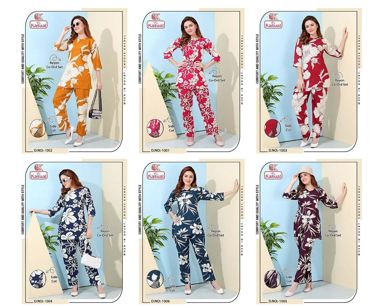 Design 1001-1006 Kasual Reyon Co Ord Set Supplier