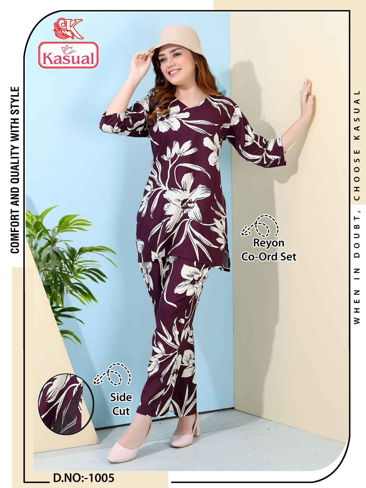 Design 1001-1006 Kasual Reyon Co Ord Set Supplier