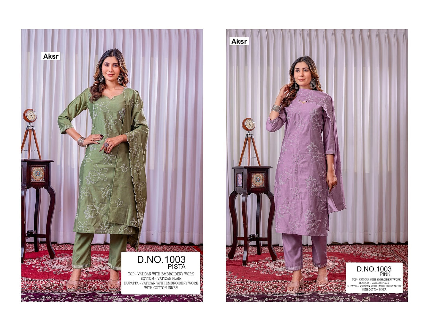 Design 1003 Aksr Vatican Silk Readymade Pant Style Suits Supplier India