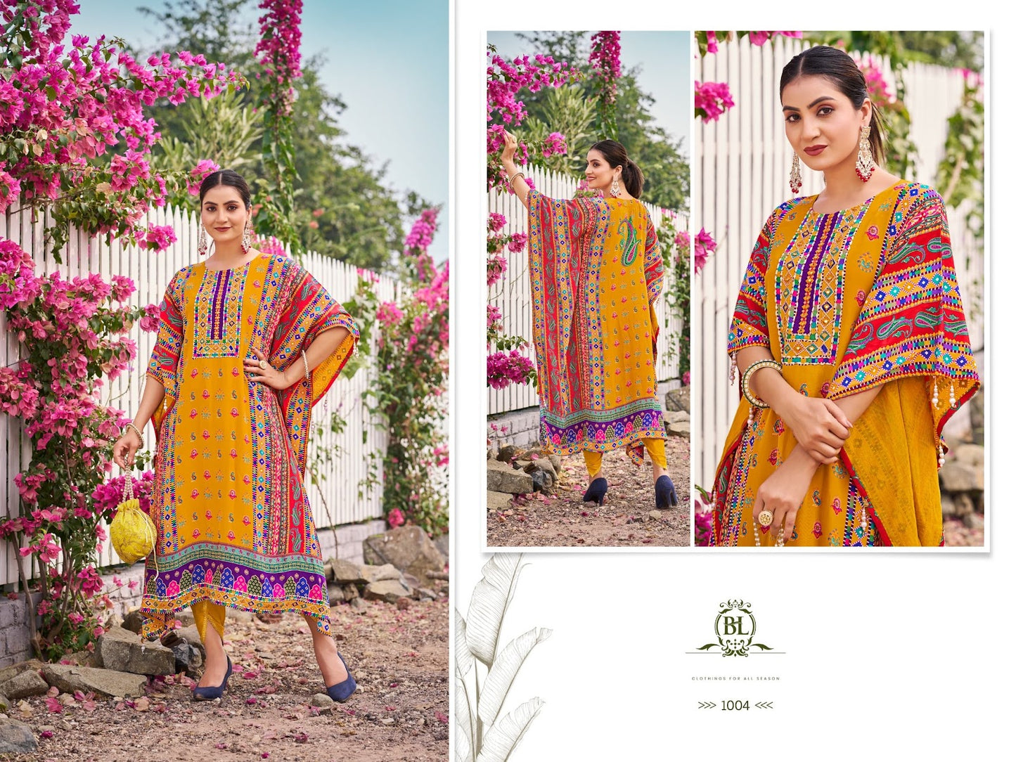 Design 1004-1007 Bl Natural Crepe Kaftan Pant Set Exporter Ahmedabad