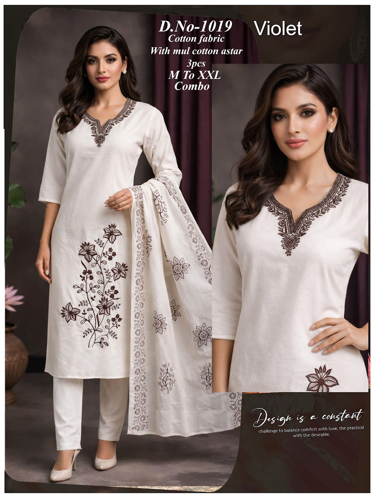 Design 1016-1019 Violet Cotton Readymade Pant Style Suits Wholesaler Ahmedabad