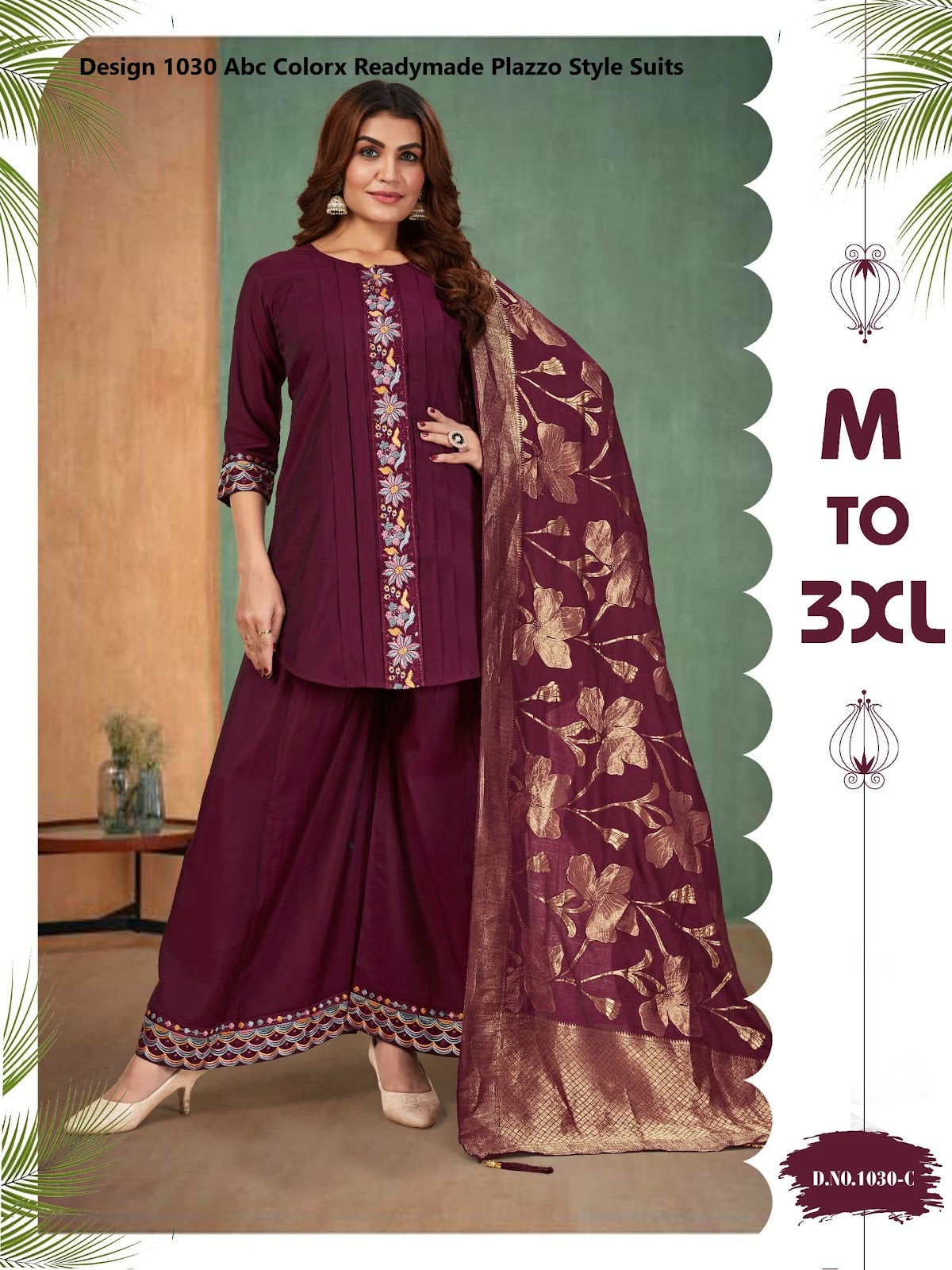 Design 1030 Abc Colorx Two Tone Readymade Plazzo Style Suits Wholesale Price