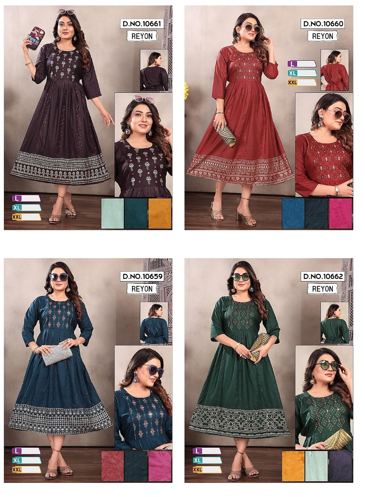 Design 10659-10662 Mmc Reyon Anarkali Kurtis Wholesaler India