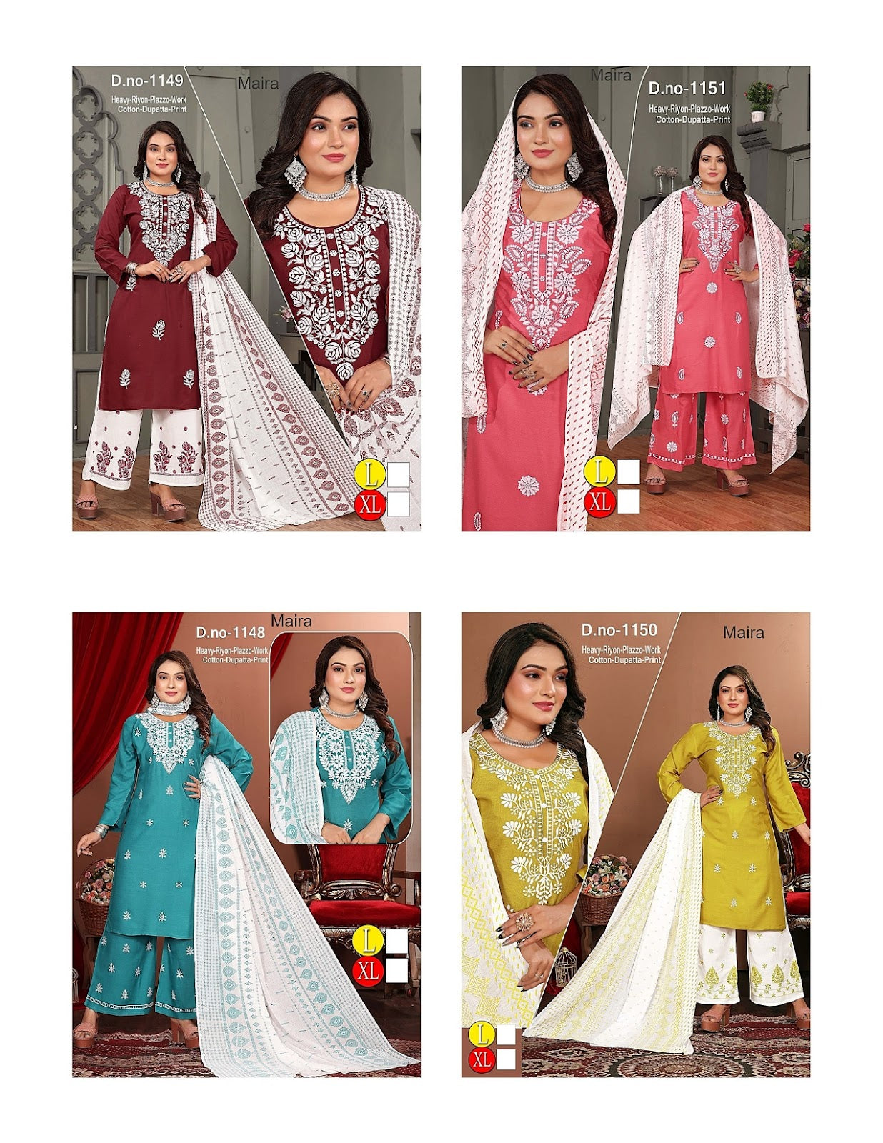 Design 1148-1151 Maira Rayon 22Kg Readymade Plazzo Style Suits Wholesale Price