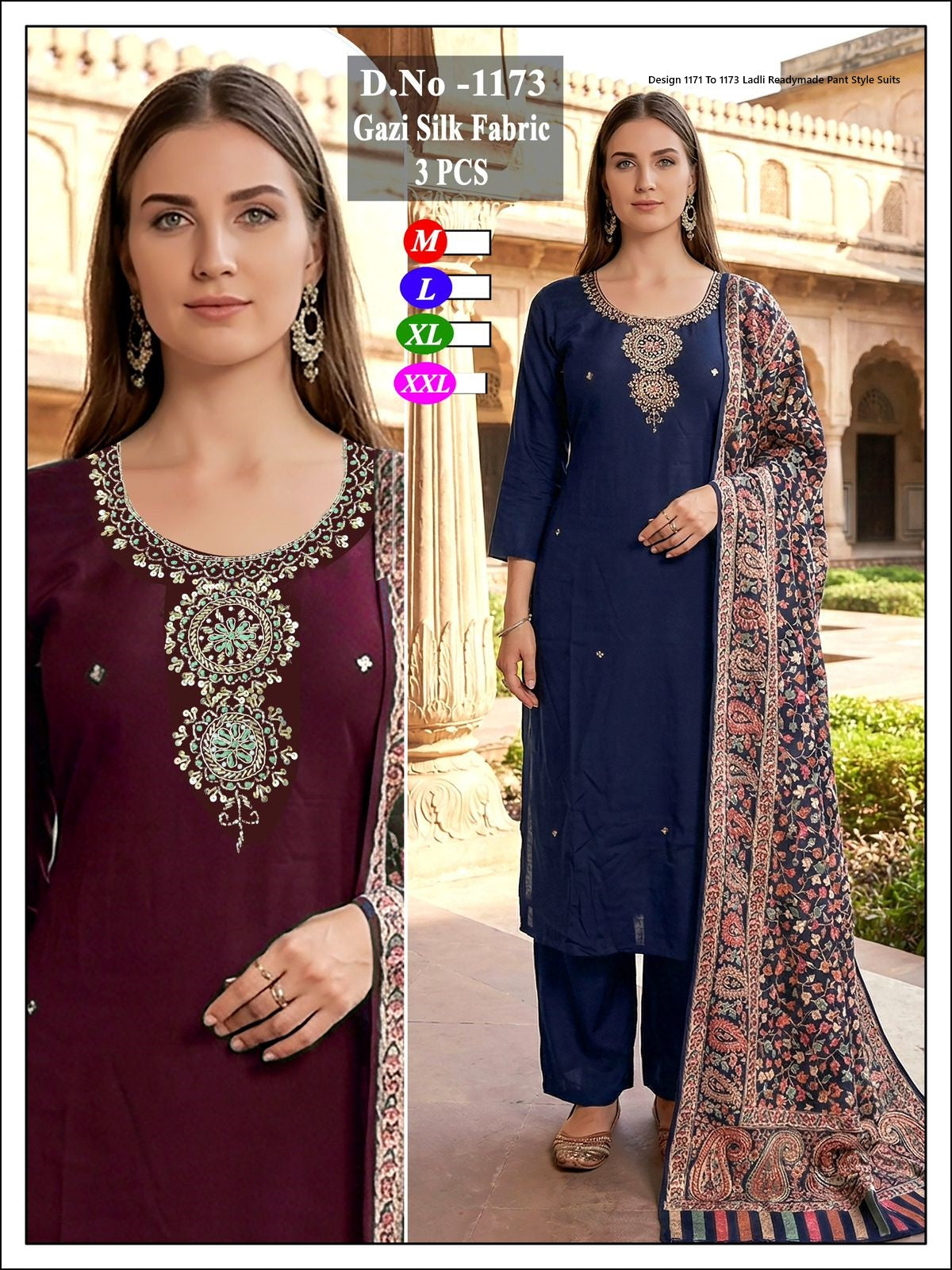 Design 1171 To 1173 Ladli Gaji Silk Readymade Pant Style Suits Manufacturer India