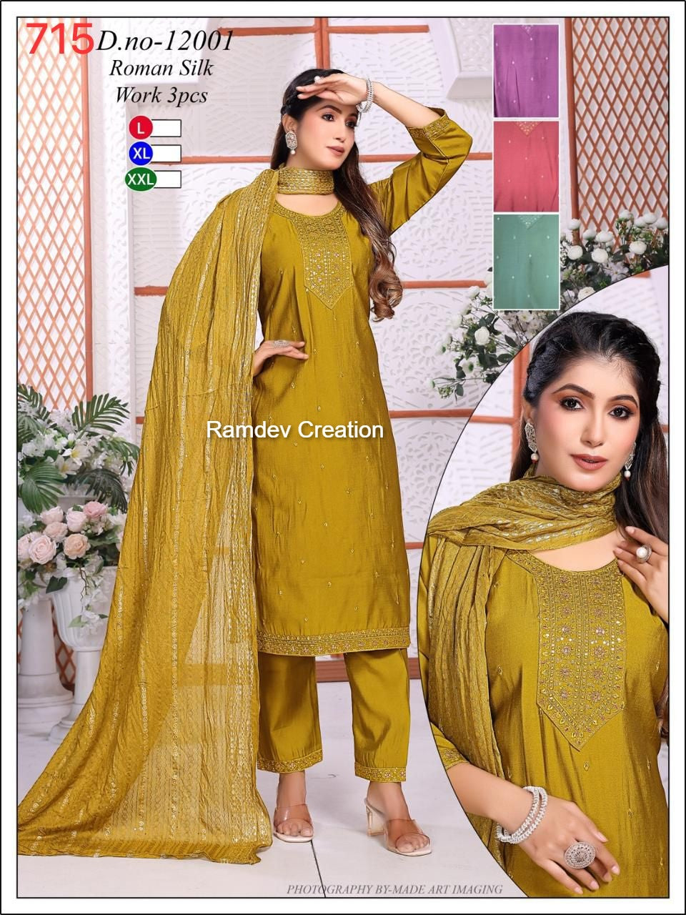 Design 12001 12004 Ramdev Creation Roman Silk Readymade Pant Style Suits Supplier Gujarat