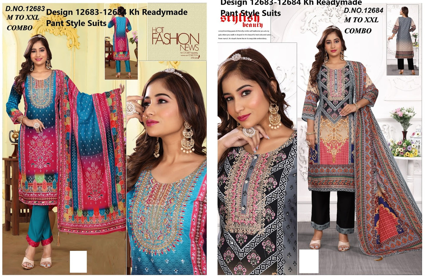 Design 12683-12684 Kh Muslin Readymade Pant Style Suits Supplier