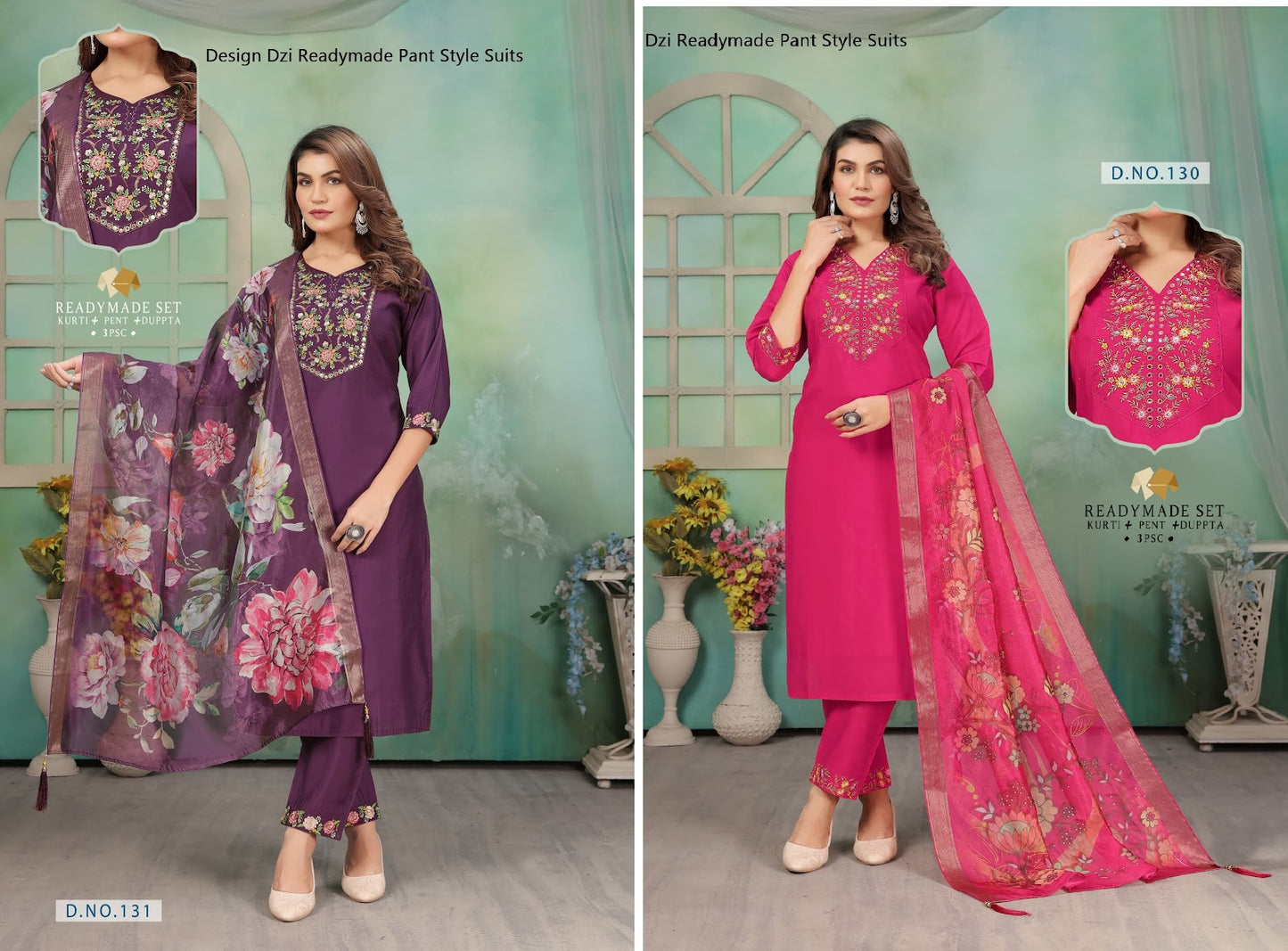 Design 130-131 Dzi Roman Silk Readymade Pant Style Suits Wholesaler