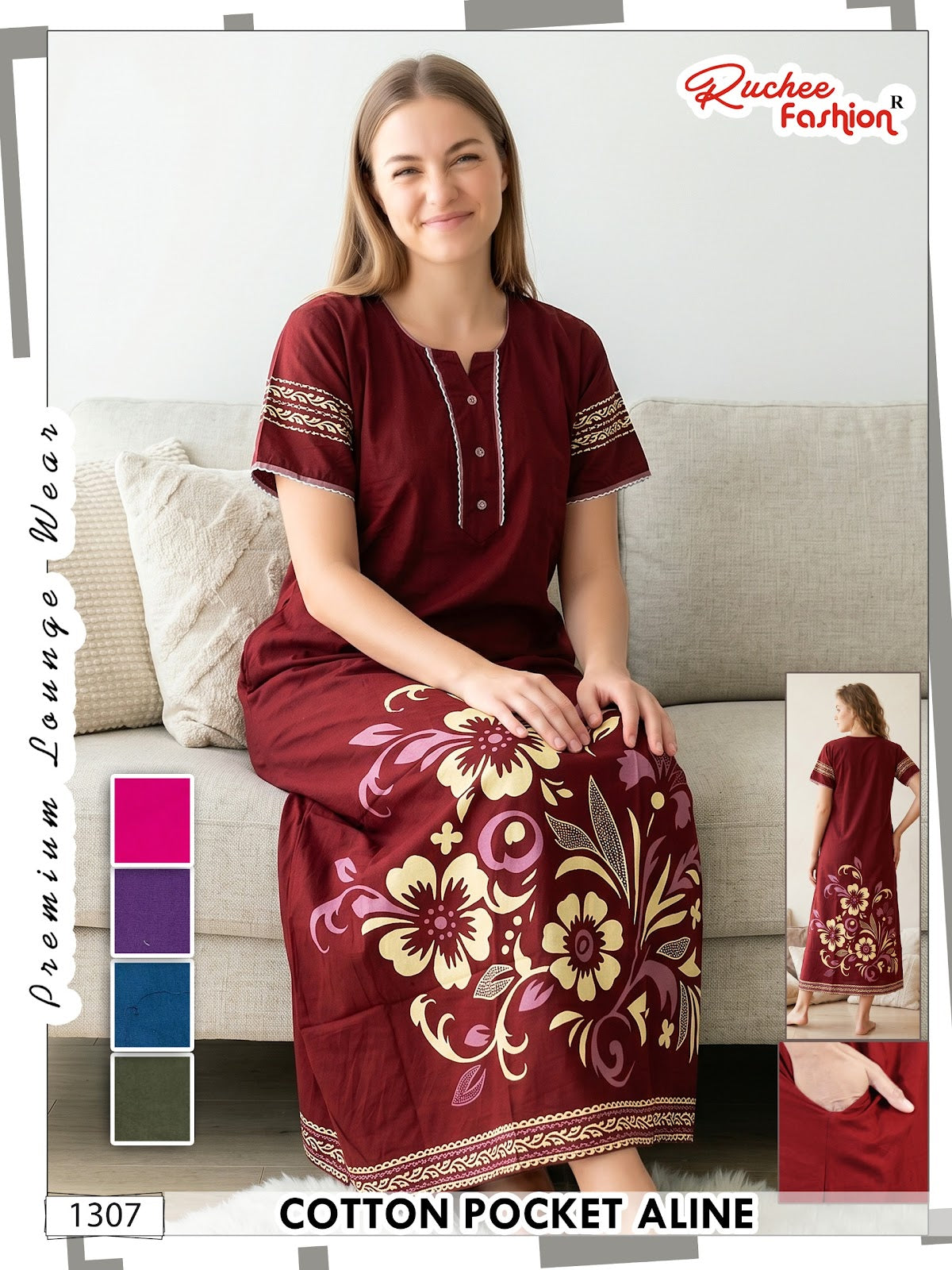 Design 1302-1309 Ruchee Fashion Cotton Night Gowns Manufacturer Gujarat