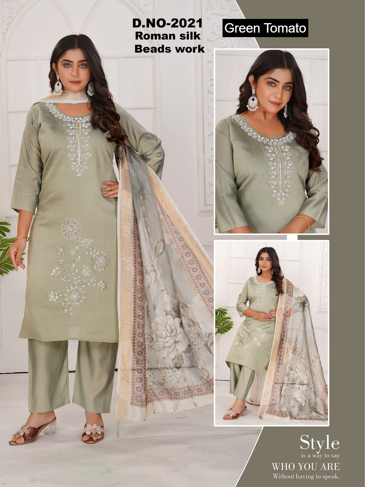 Design 130326 Green Tomato Roman Silk Readymade Pant Style Suits Manufacturer