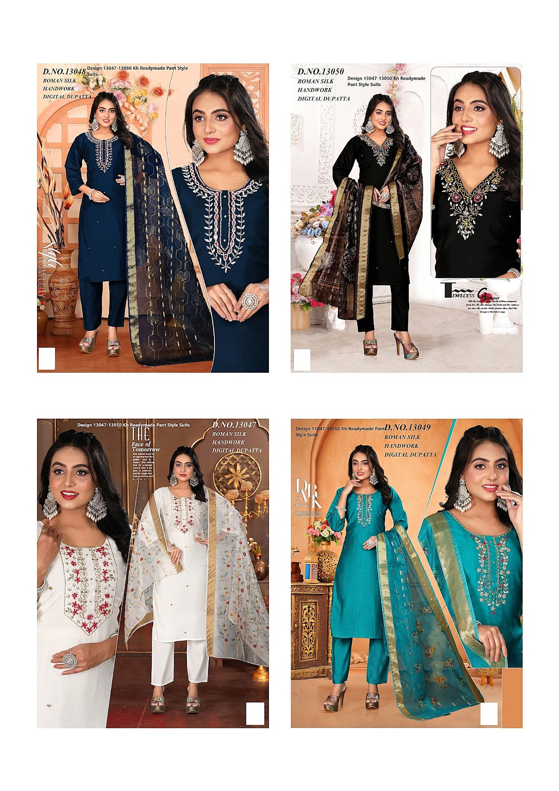 Design 13047-13050 Kh Roman Silk Readymade Pant Style Suits Supplier India