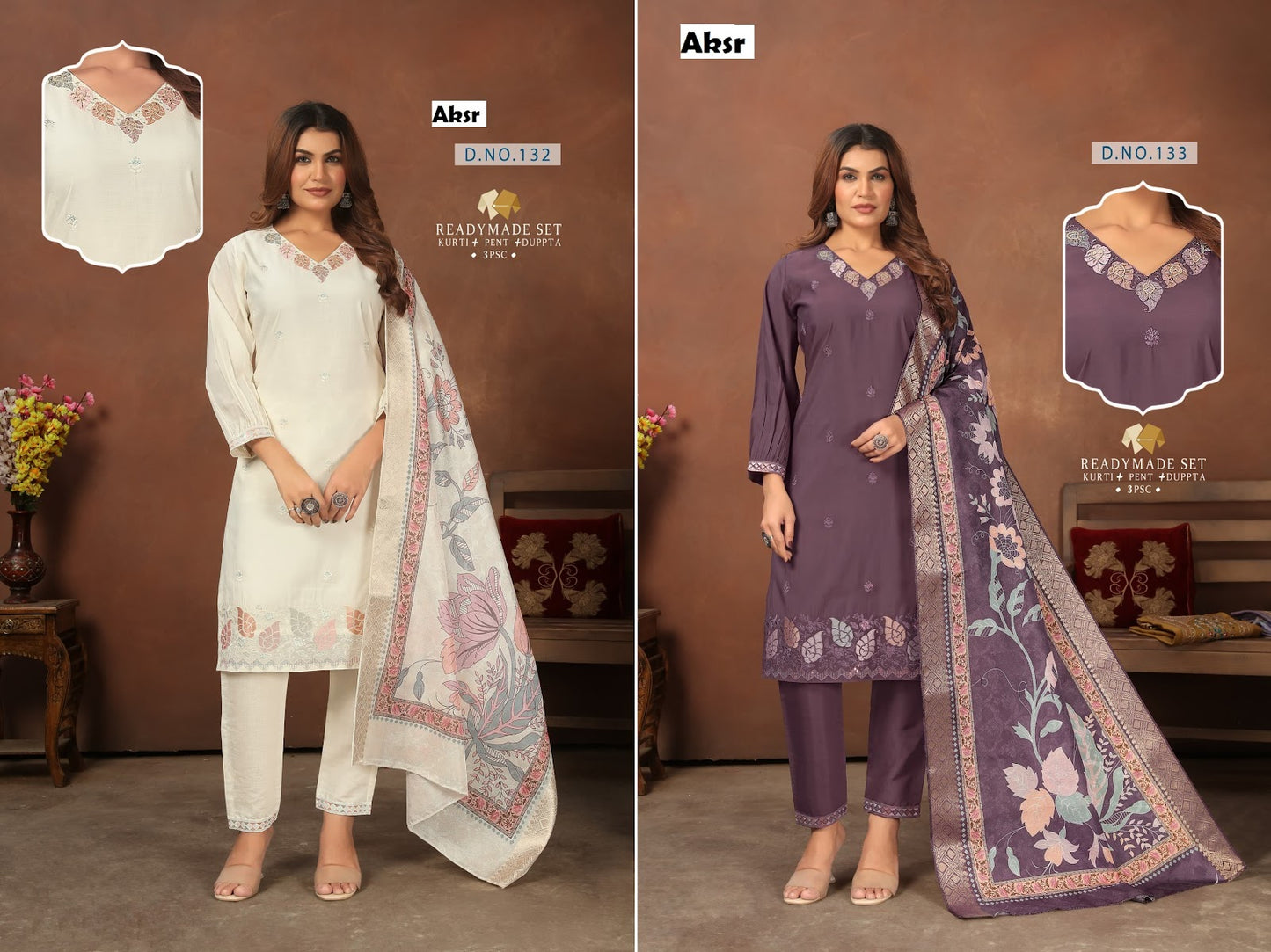 Design 132-133 Aksr Vatican Readymade Pant Style Suits Manufacturer India