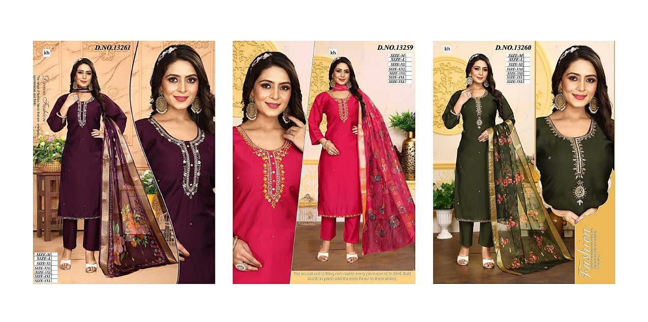 Design 13259-13261 Kh Roman Silk Readymade Pant Style Suits Supplier Gujarat