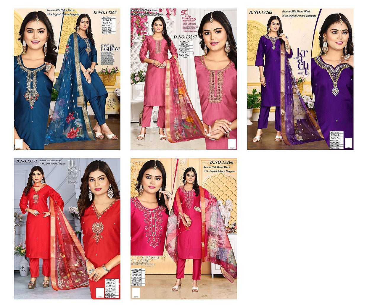 Design 13265-13271 Kh Roman Silk Readymade Pant Style Suits Exporter