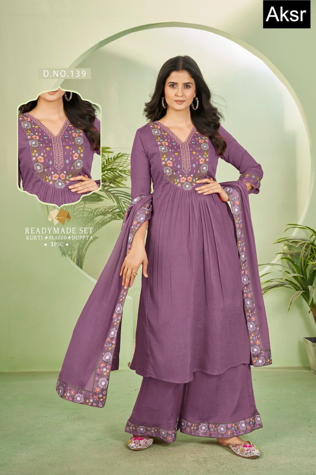 Design 137-140 Aksr Chinon Readymade Plazzo Style Suits Wholesale