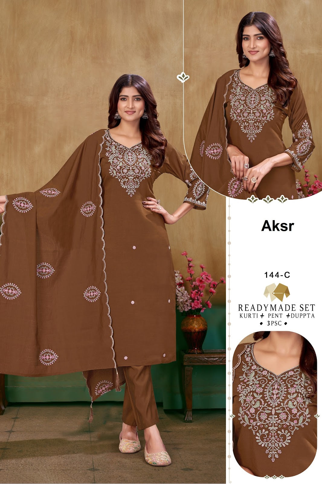 Design 144 Aksr Roman Silk Readymade Pant Style Suits Wholesaler