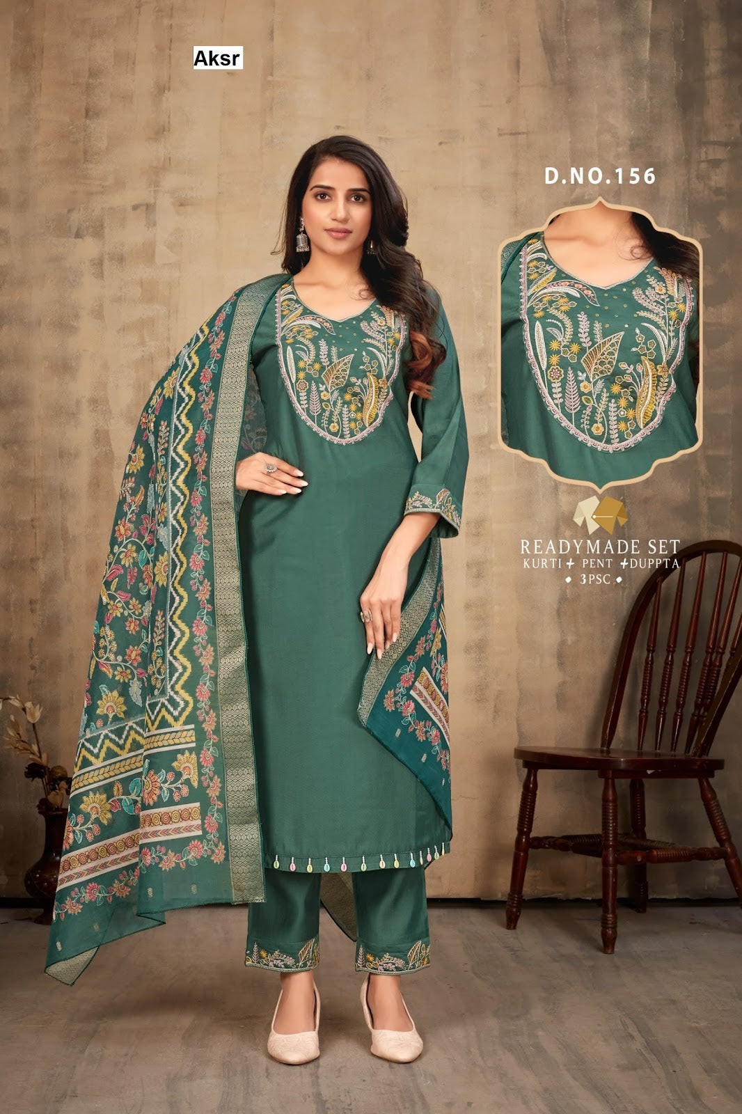 Design 156-158 Aksr Vertican Readymade Pant Style Suits Wholesaler India