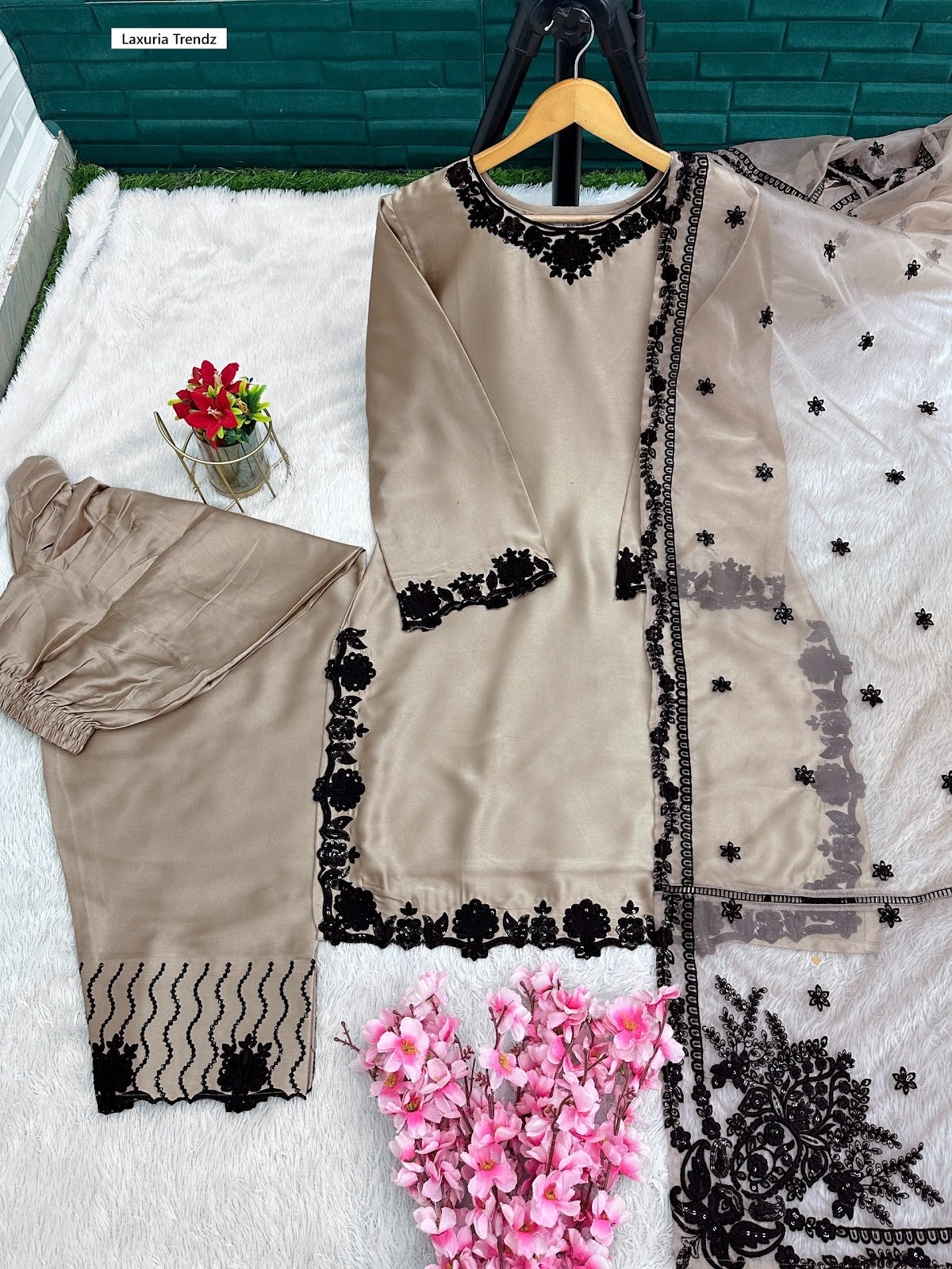 Design 1604 Laxuria Trendz Satin Pakistani Readymade Suits Wholesaler