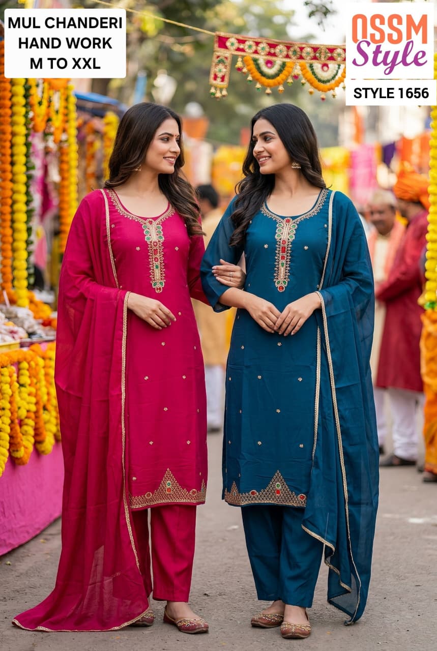 Design 1655-1656 Ossm Chanderi Readymade Pant Style Suits Wholesaler Ahmedabad