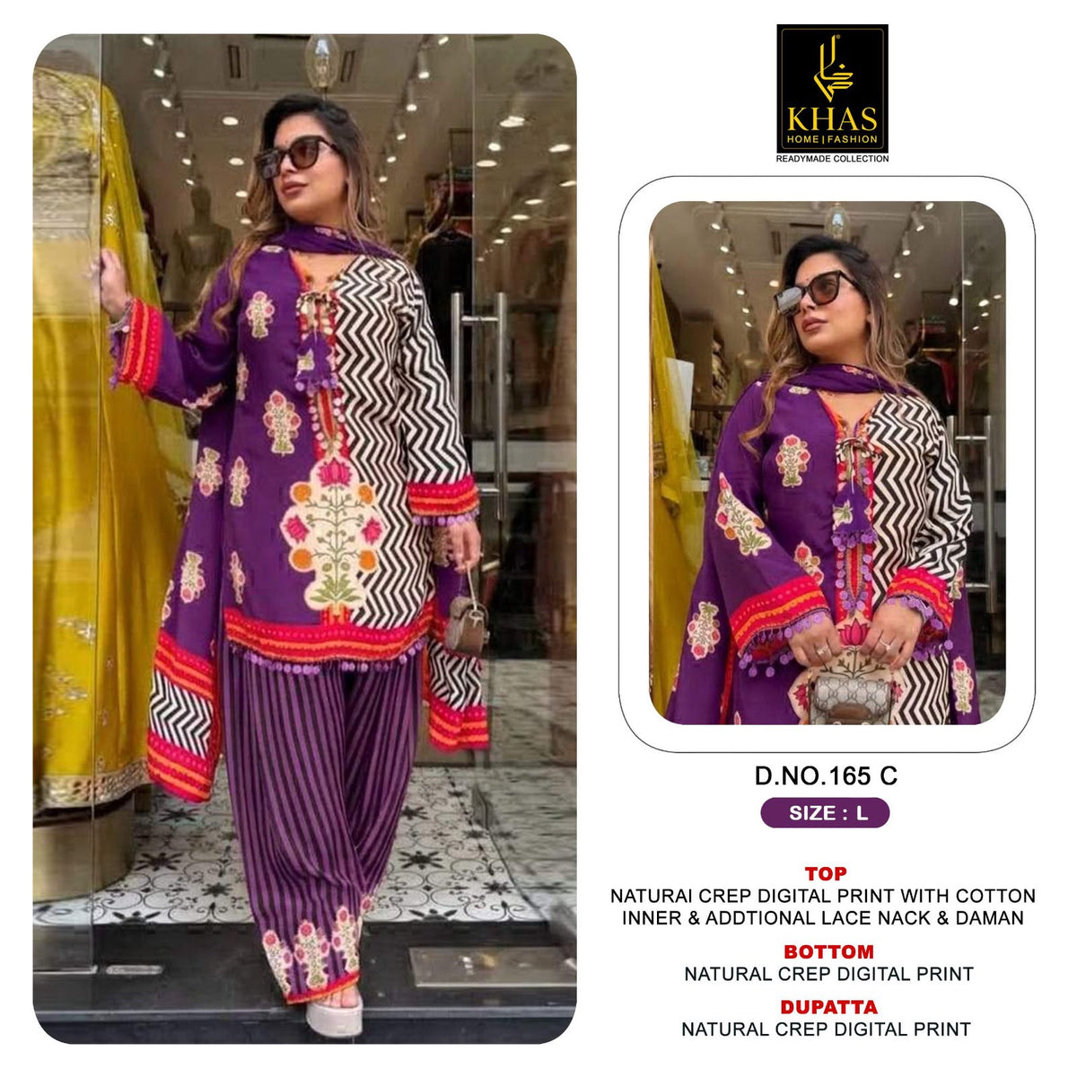 Design 165 Khas Natural Crape Pakistani Readymade Suits Wholesaler