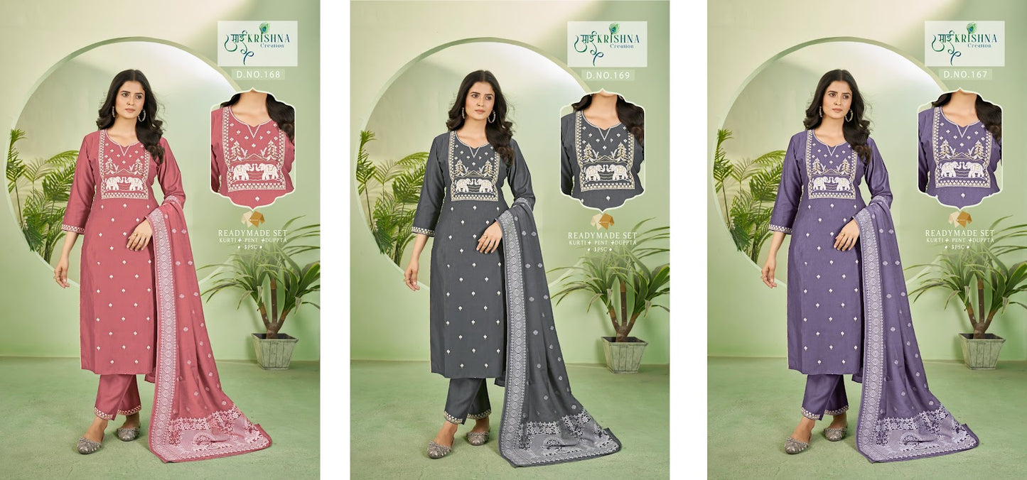 Design 167-169 Sai Krishna Dzi Gadwal Readymade Pant Style Suits Supplier Gujarat