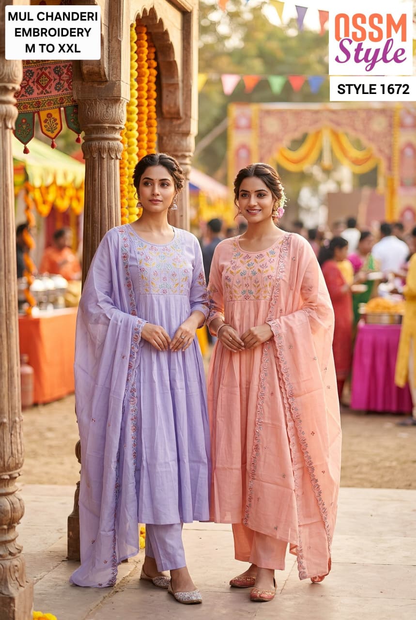 Design 1670-1672 Ossm Chanderi Readymade Anarkali Suits Exporter Ahmedabad