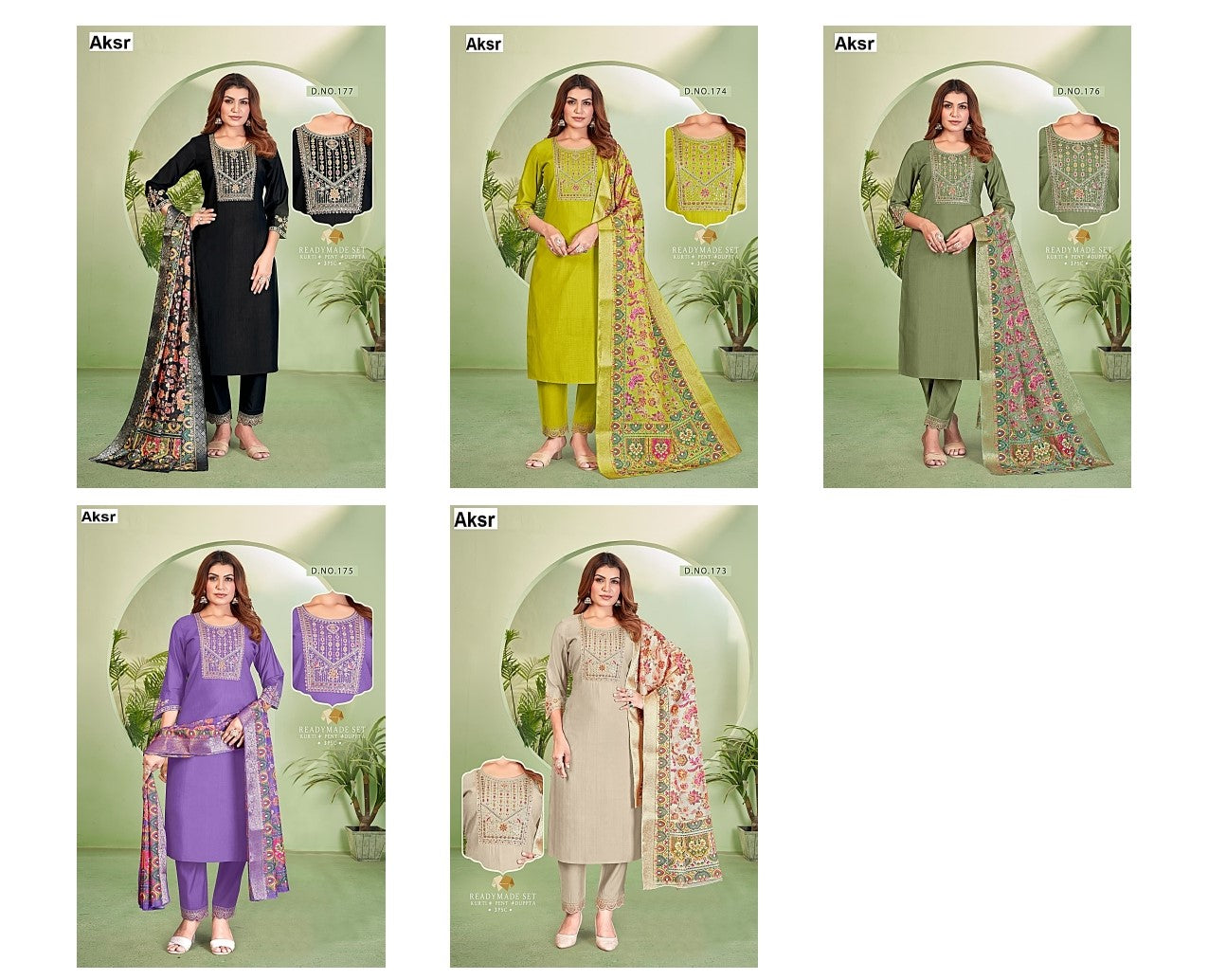 Design 173-177 Aksr Vetican Silk Readymade Pant Style Suits Wholesaler Gujarat