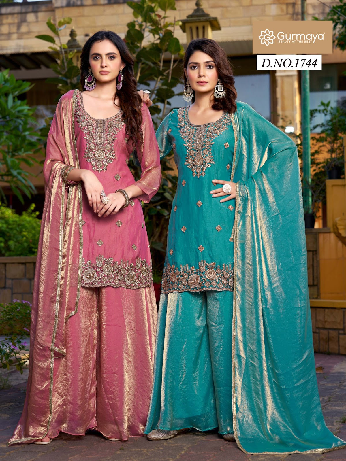Design 1744 Gurmaya Aanchi Satin Readymade Plazzo Style Suits Wholesale Price