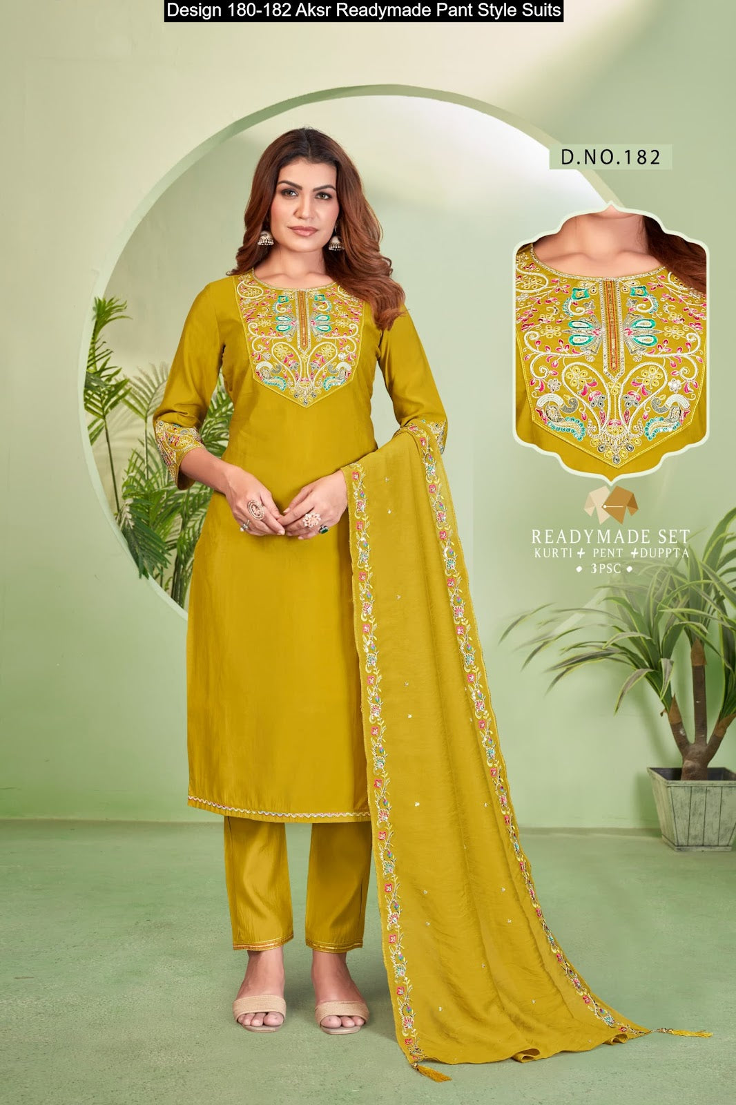 Design 180-182 Aksr Roman Silk Readymade Pant Style Suits Wholesaler Ahmedabad