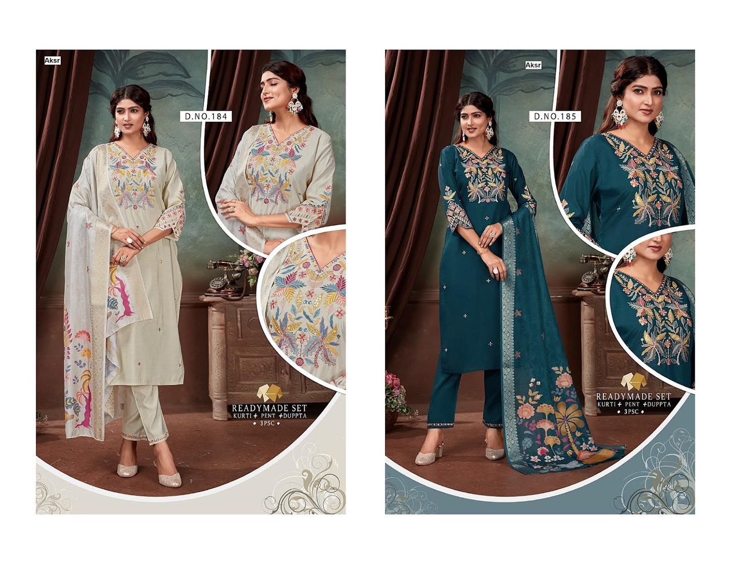 Design 184-185 Aksr Roman Silk Readymade Pant Style Suits Wholesale Rate