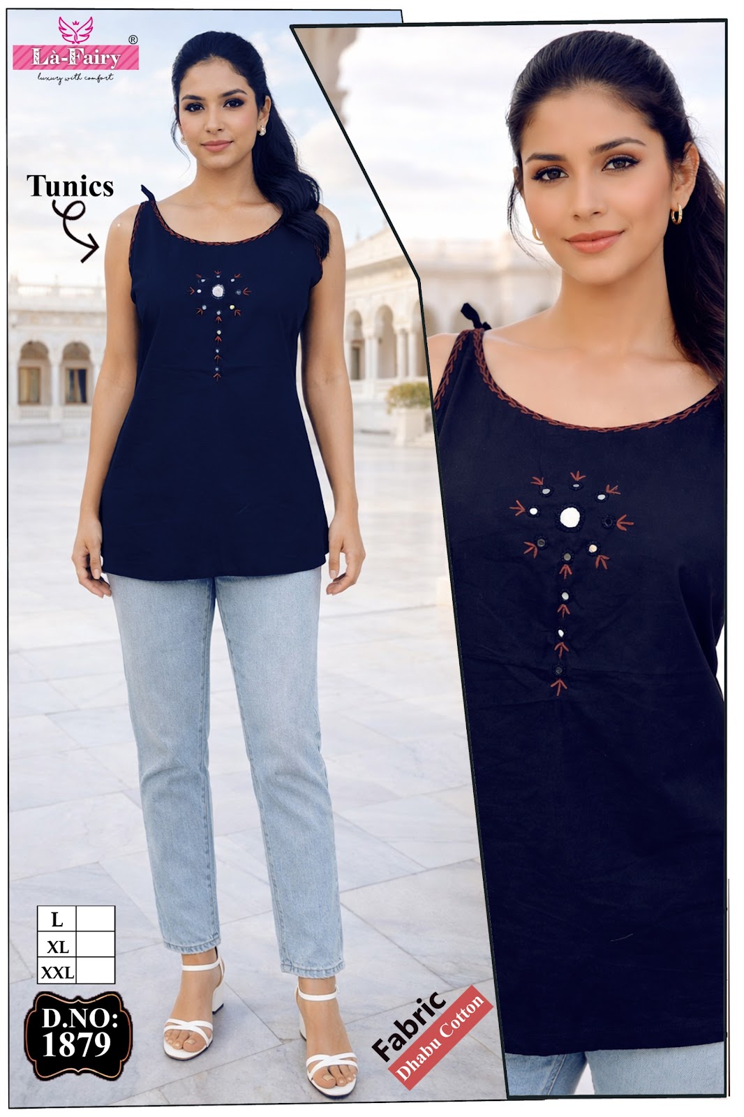 Design 1879 Sleeveless La Fairy Dhabu Cotton Fancy Tops Manufacturer India
